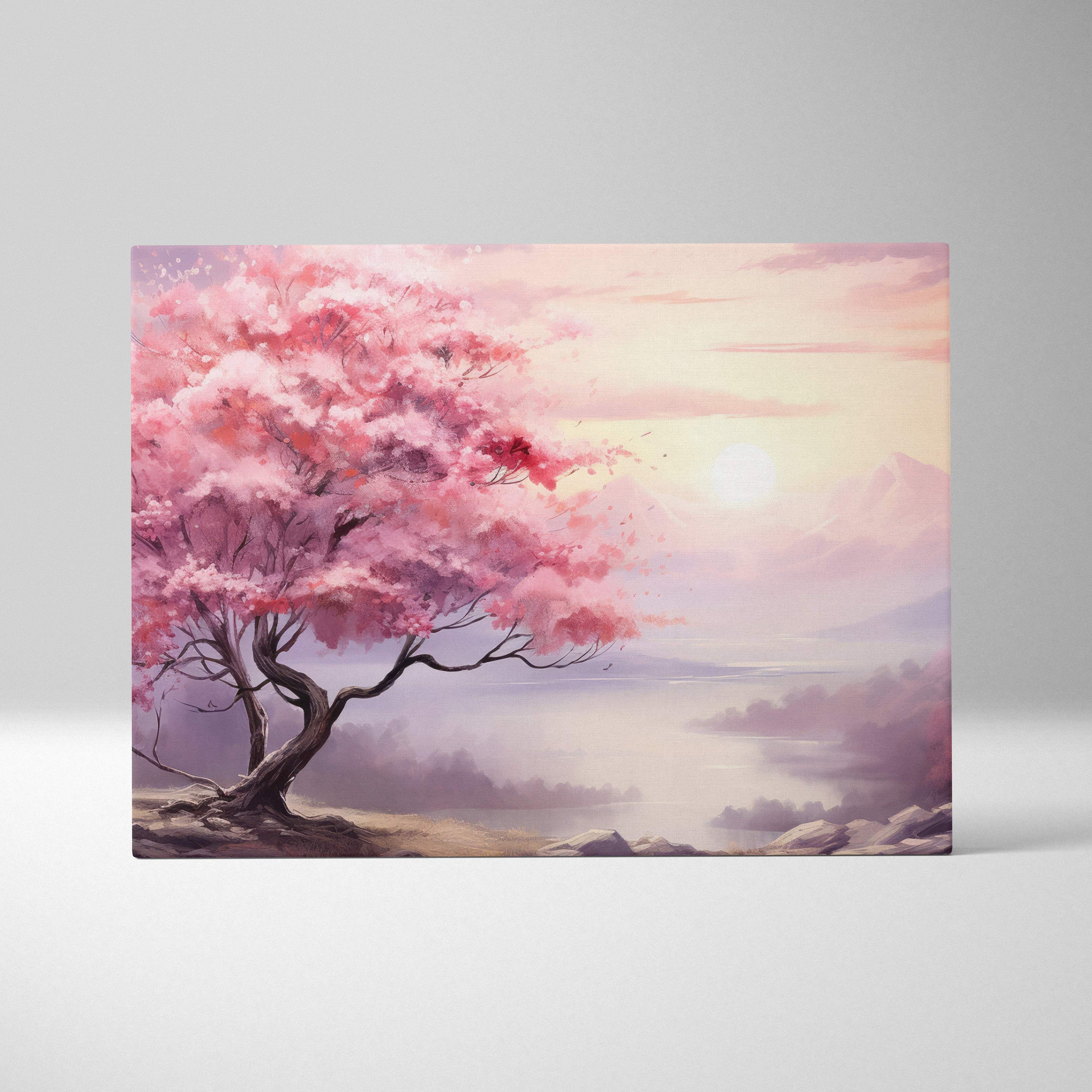 Pink cherry blossom tree canvas wall art featuring vibrant pink blossoms against a soft pastel sunset sky