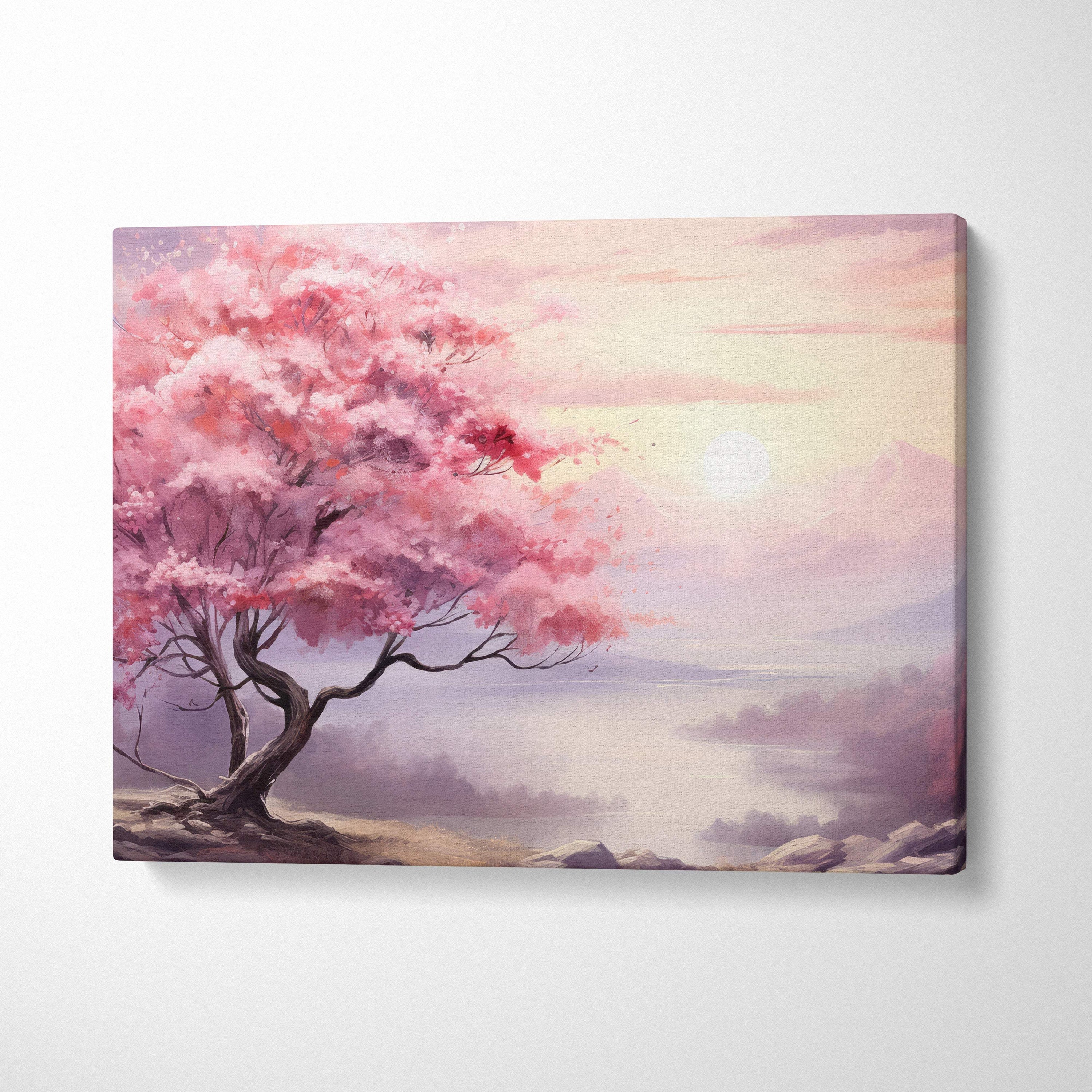 Pink cherry blossom tree canvas wall art with serene landscape of solitary pink tree against pastel sky and mountains