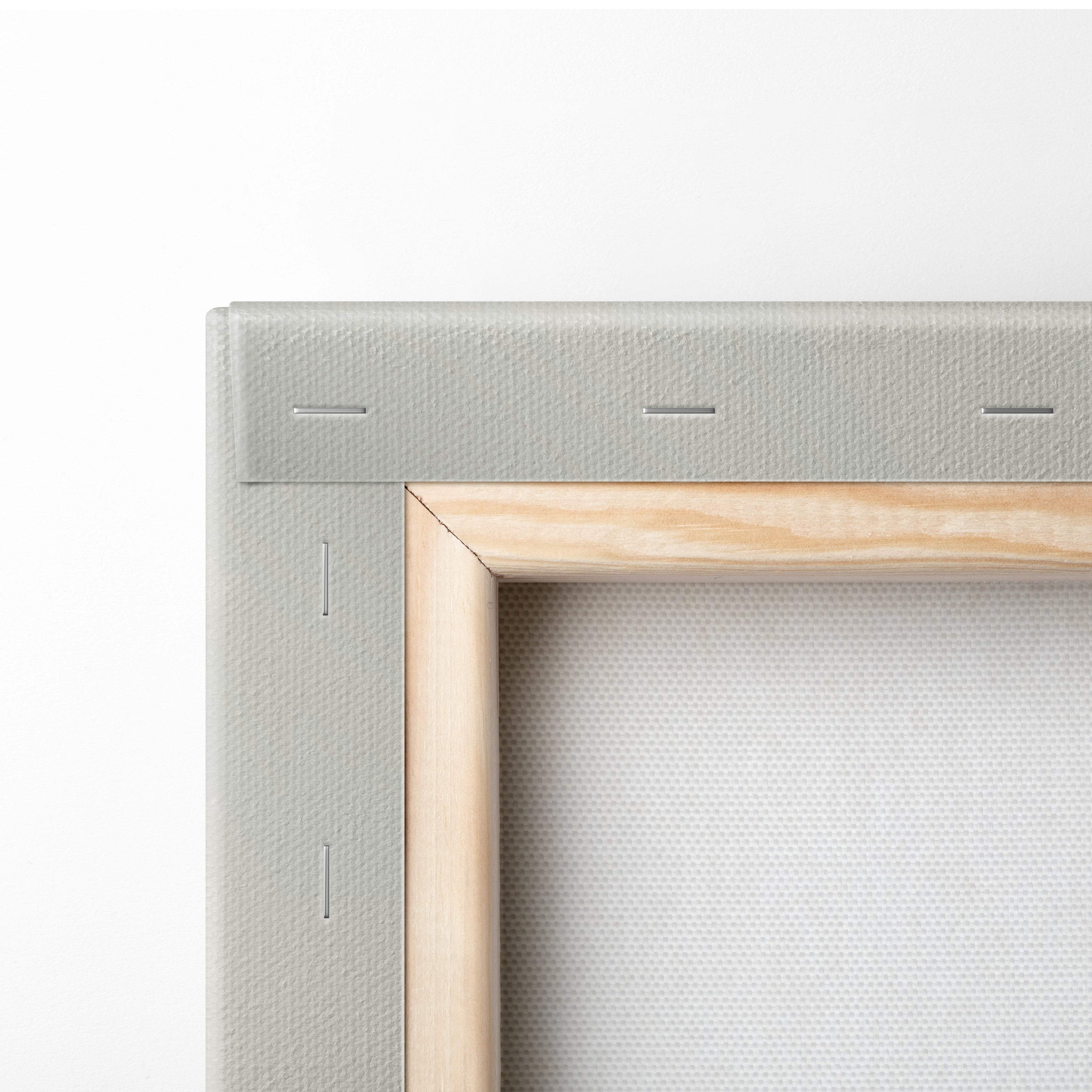 Light gray canvas stretched over natural wood frame with stitched edges in red cherry blossom japanese temple wall art