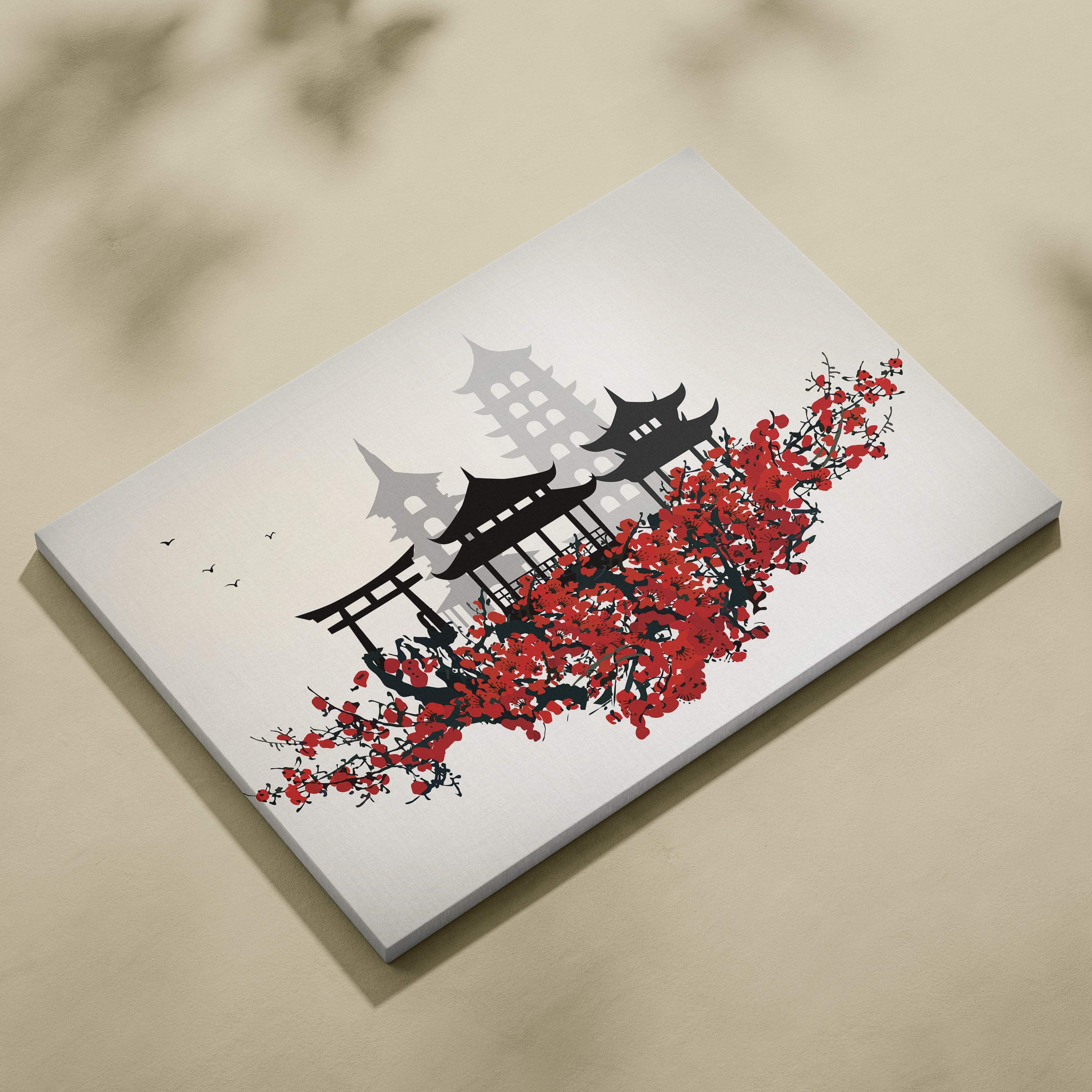 White canvas print with black silhouettes of japanese temple and vibrant red cherry blossoms for wall art décor