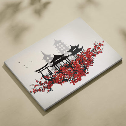 White canvas print with black silhouettes of japanese temple and vibrant red cherry blossoms for wall art décor