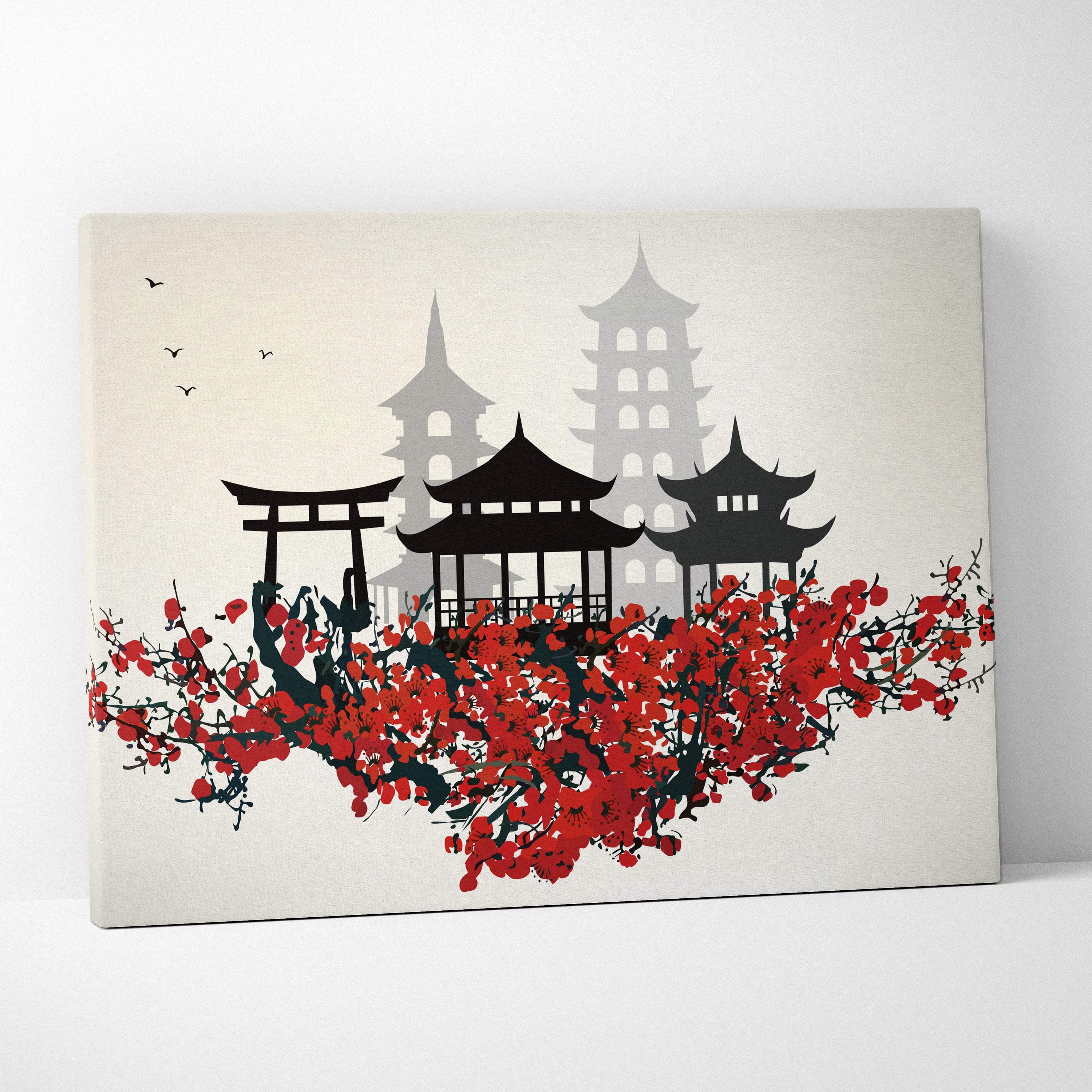 Rectangular canvas wall art featuring black silhouettes of asian temple and red cherry blossoms on cream background