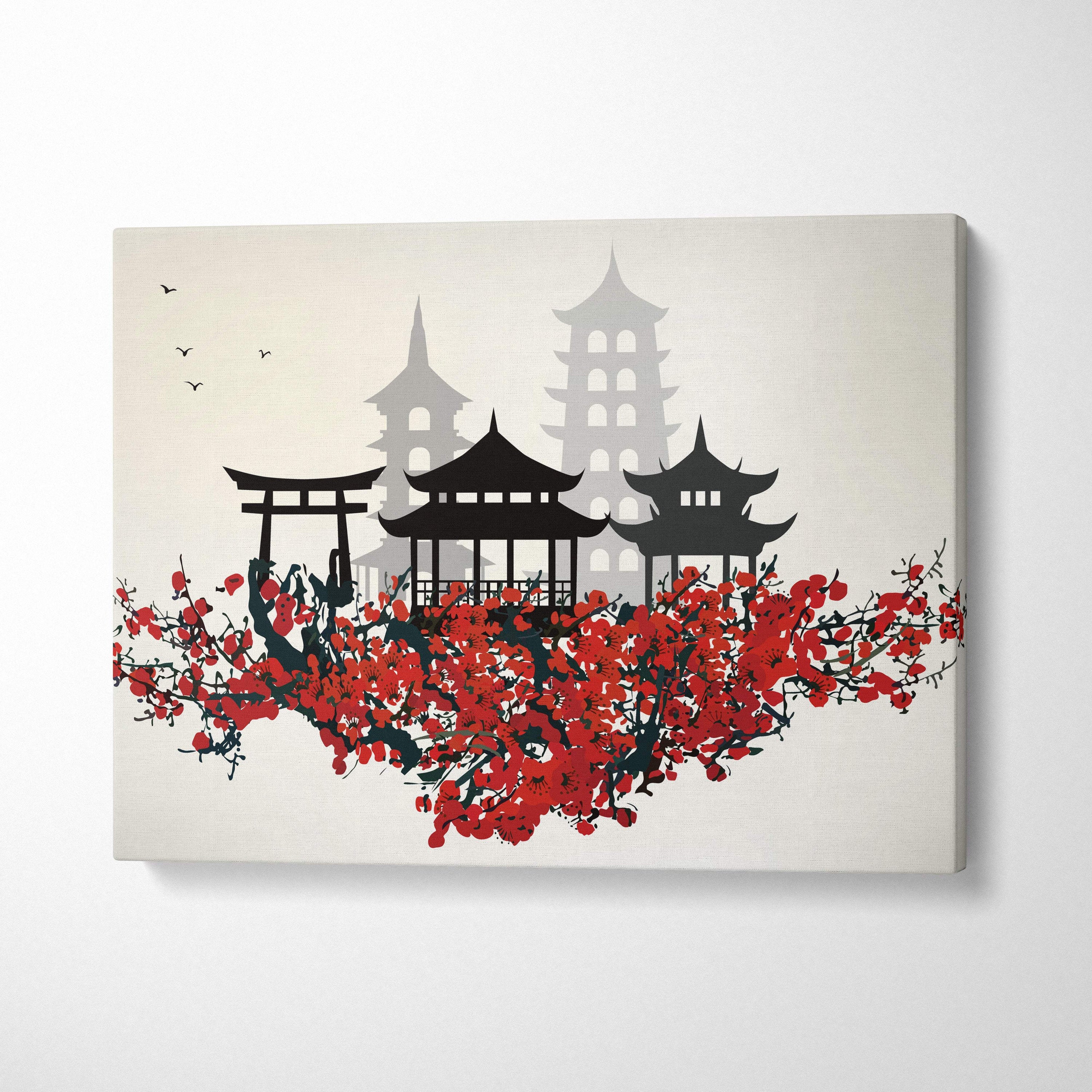 Beige canvas print with black silhouettes of japanese temple and vibrant red cherry blossoms for zen wall art