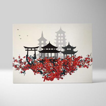 A rectangular canvas print featuring black silhouette japanese temple architecture with red cherry blossom branches