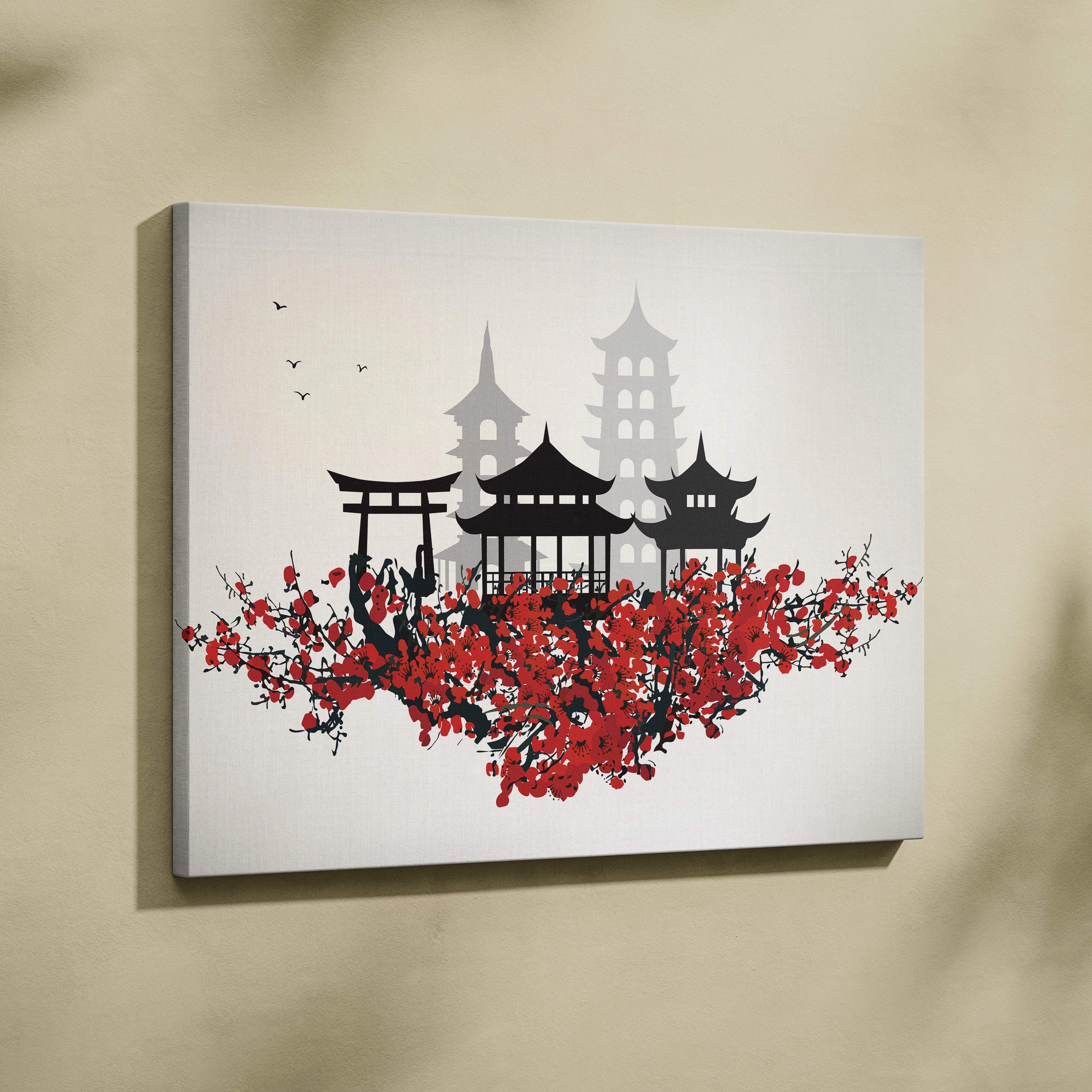 Red cherry blossom japanese temple canvas wall art with black silhouettes and vibrant red blossoms on white background