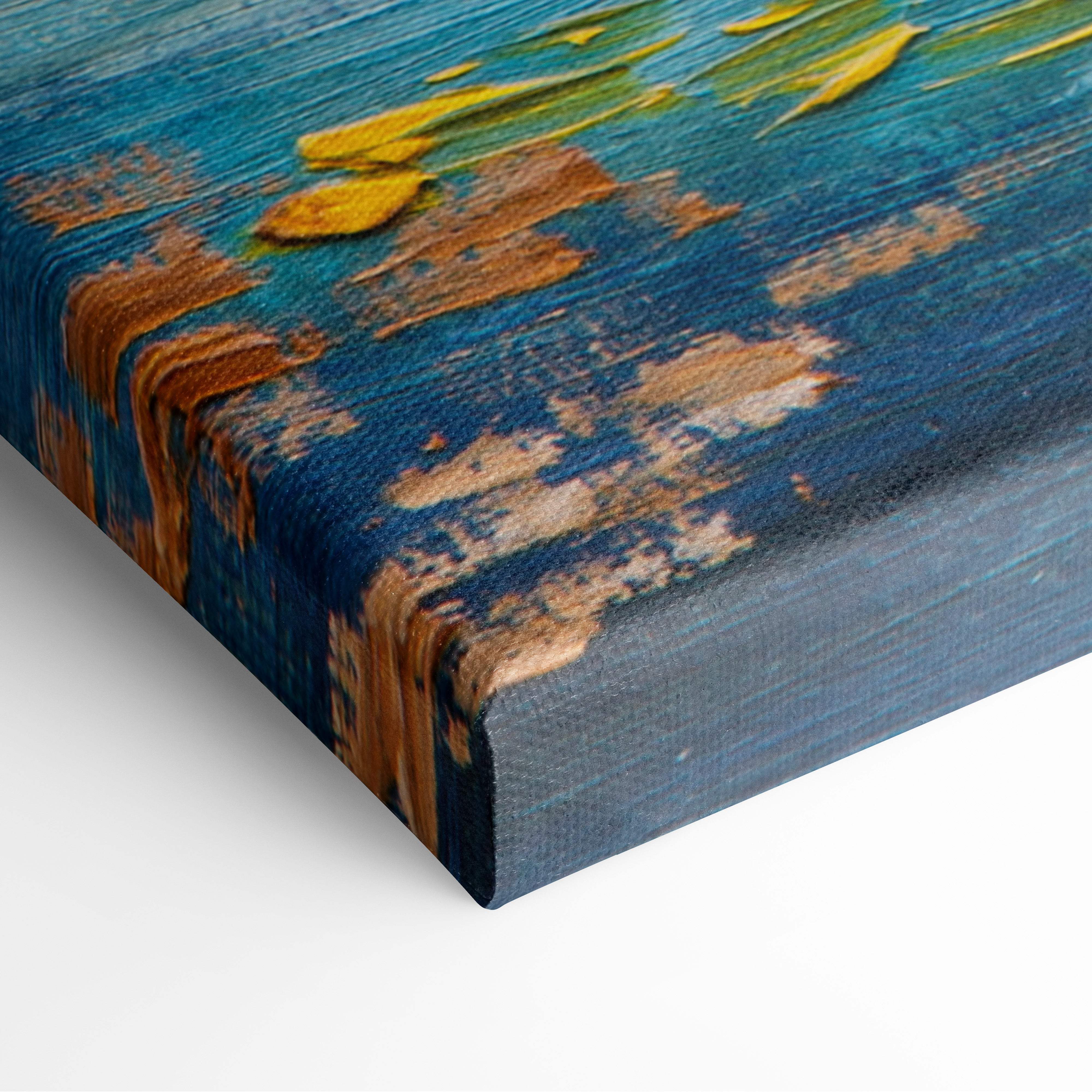 Soft blue lake sunrise canvas wall art print with textured distressed blue and yellow abstract brushstrokes