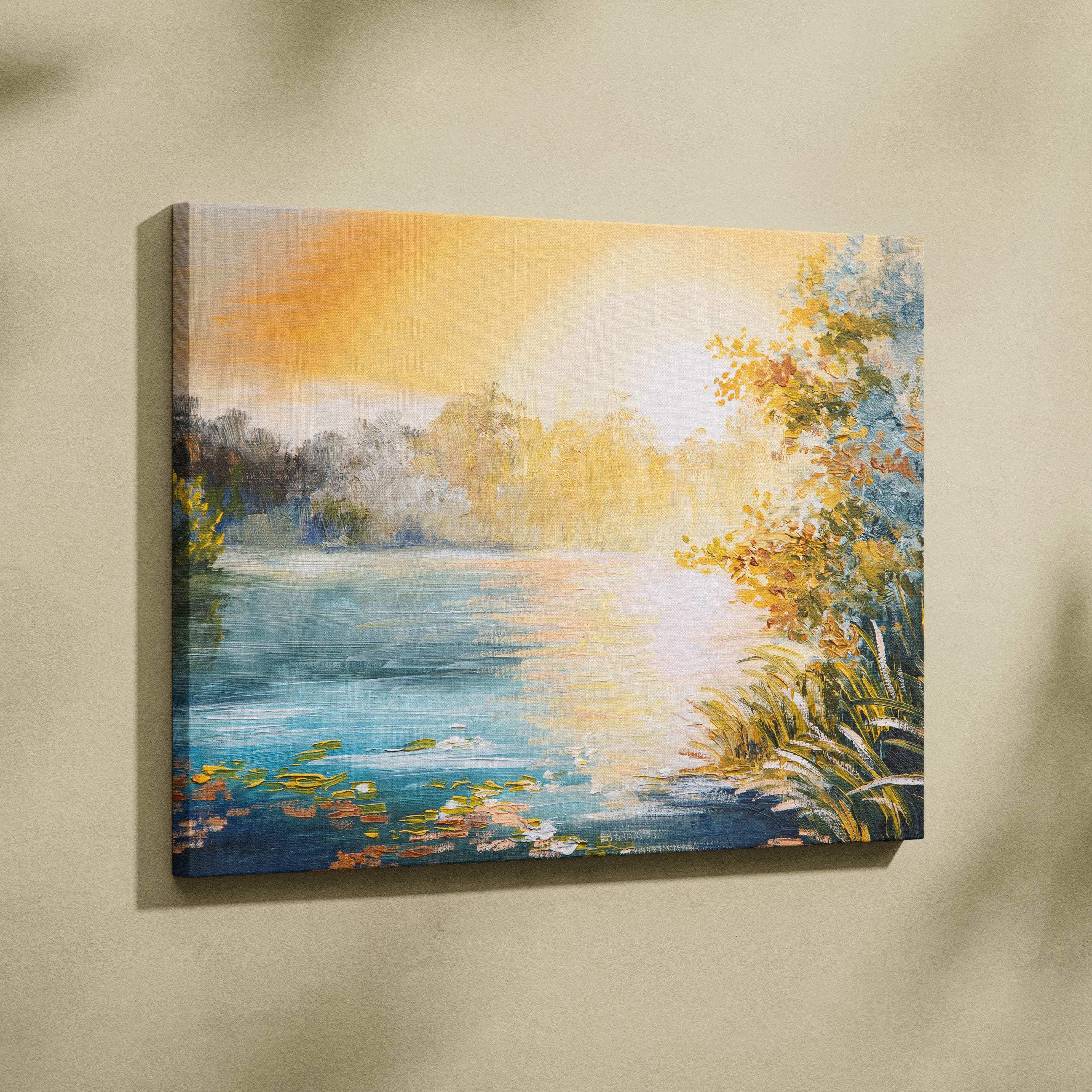 Soft blue lake sunrise canvas wall art print with warm golden and cool blue tones for calm coastal cottage decor