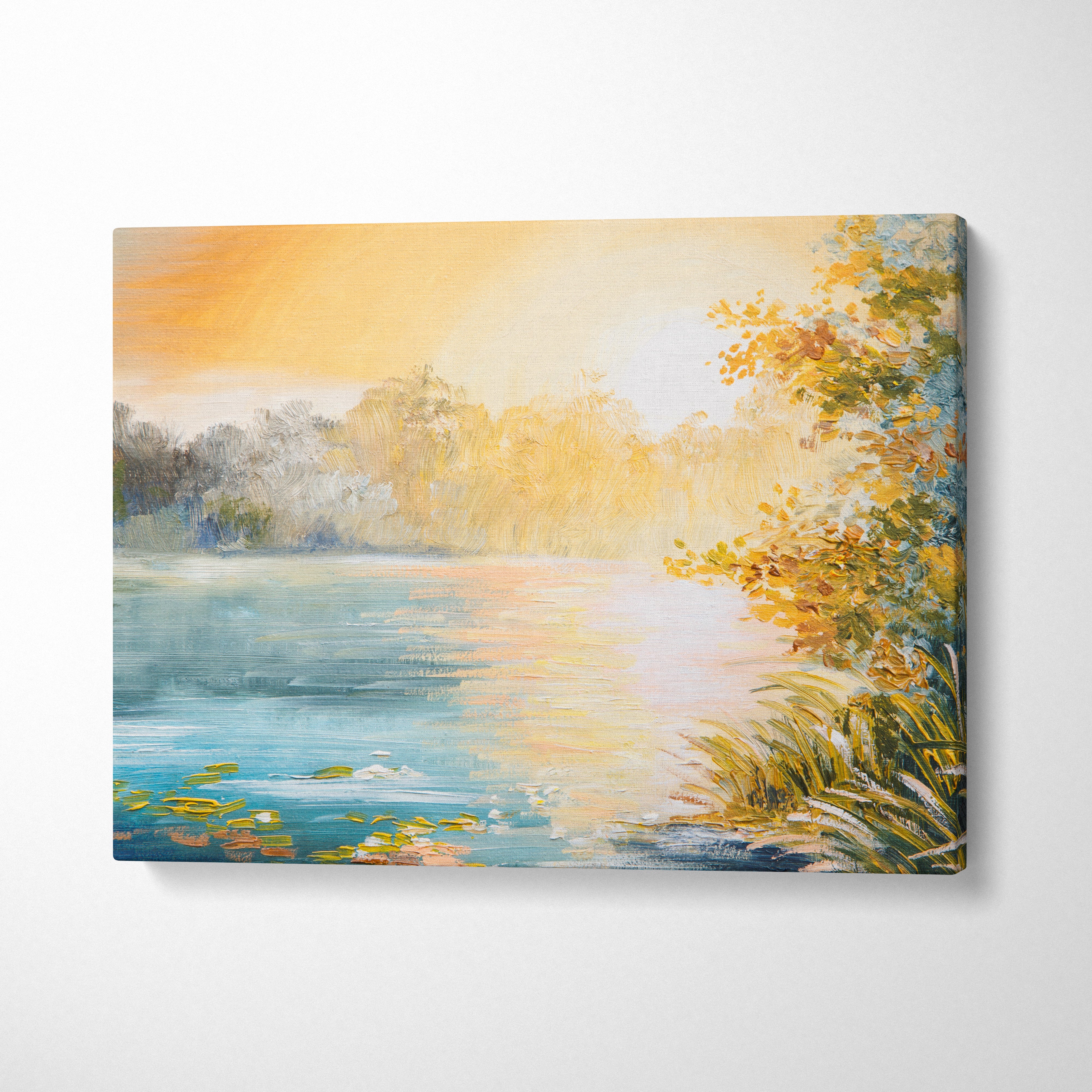 Soft blue lake sunrise canvas wall art print with golden light and autumn trees for calm coastal cottage decor