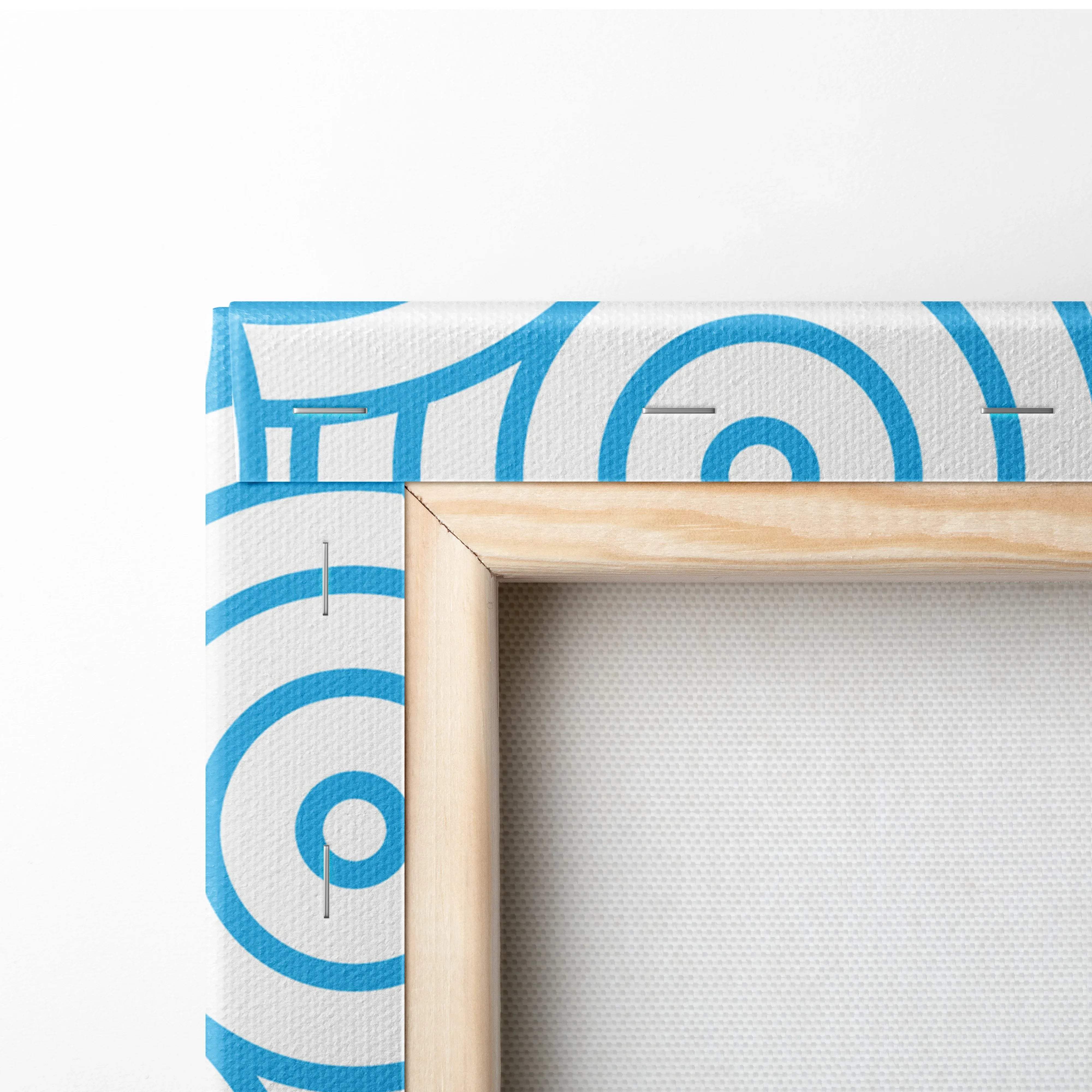 Modern blue white concentric circle canvas wall art on light wood frame