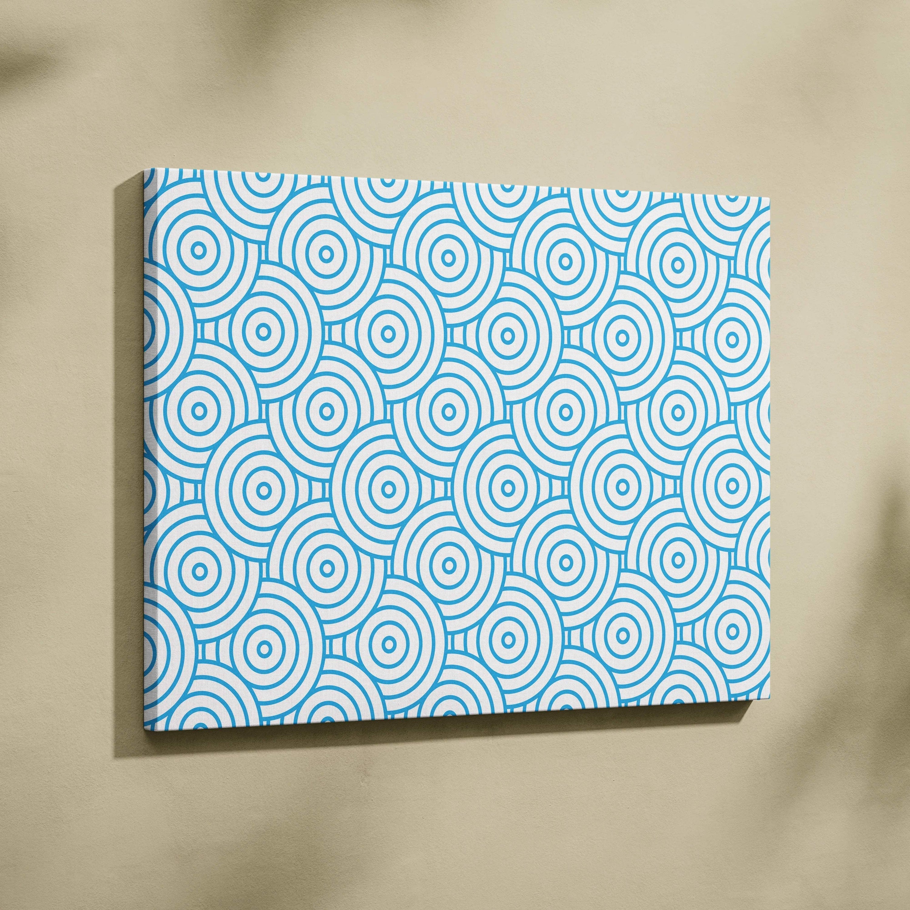 Modern blue concentric circles pattern on white canvas wall art