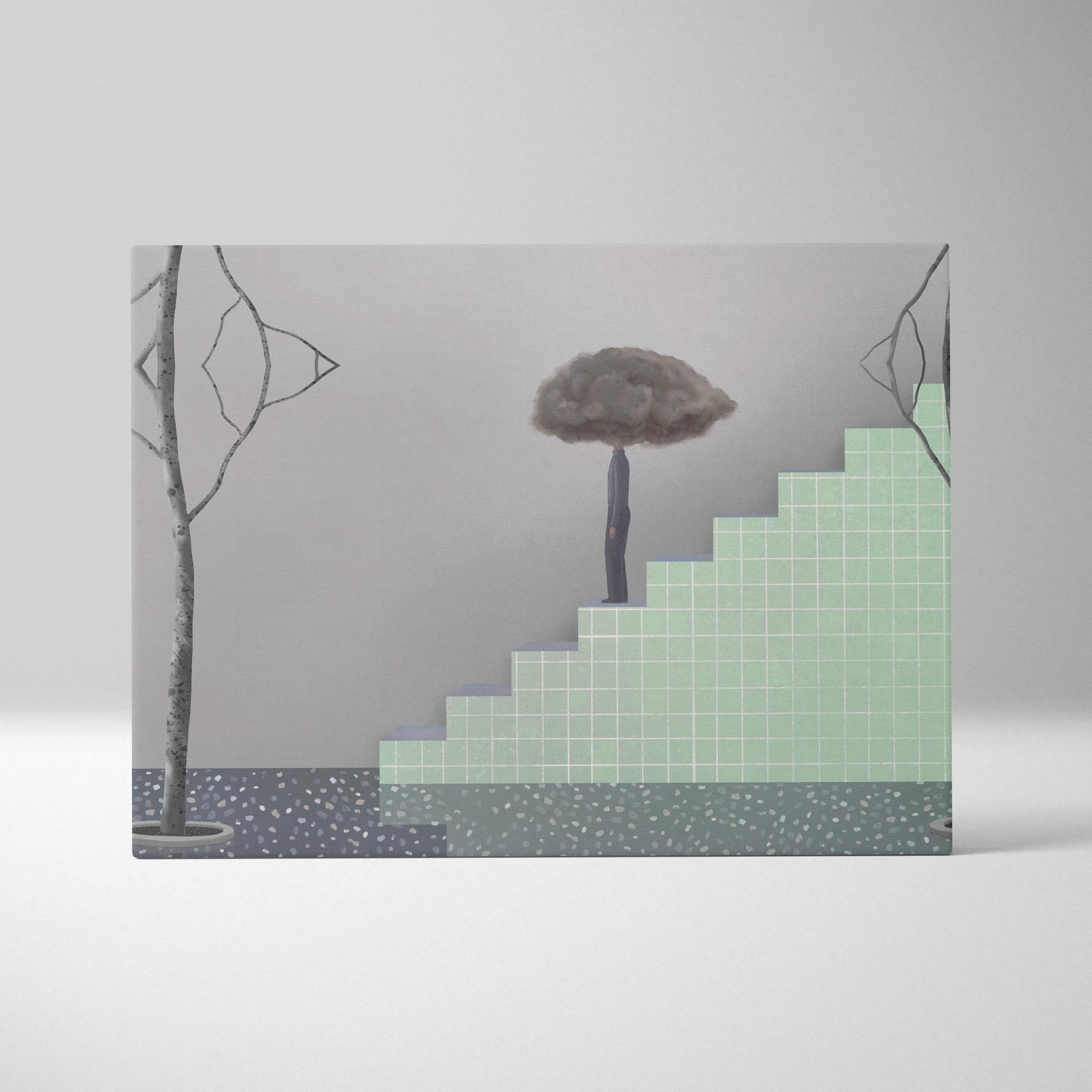 Contemporary cloud head canvas wall art with a minimalist tree print on gray green stairs for modern office decor