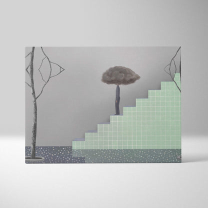 Contemporary cloud head canvas wall art with a minimalist tree print on gray green stairs for modern office decor
