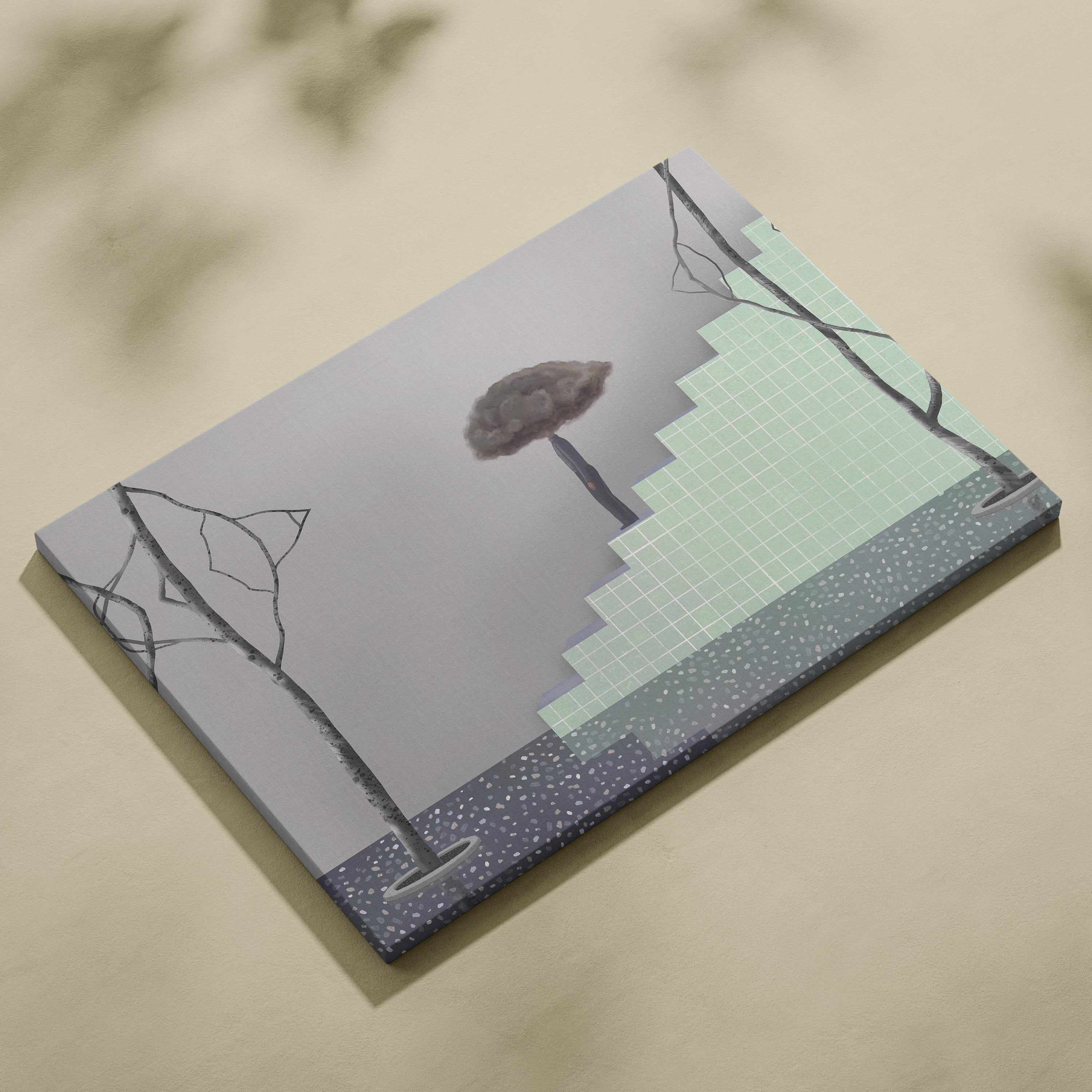 Contemporary cloud head canvas wall art with a textured dark gray tree on muted gray sky and stepped mint green landscape