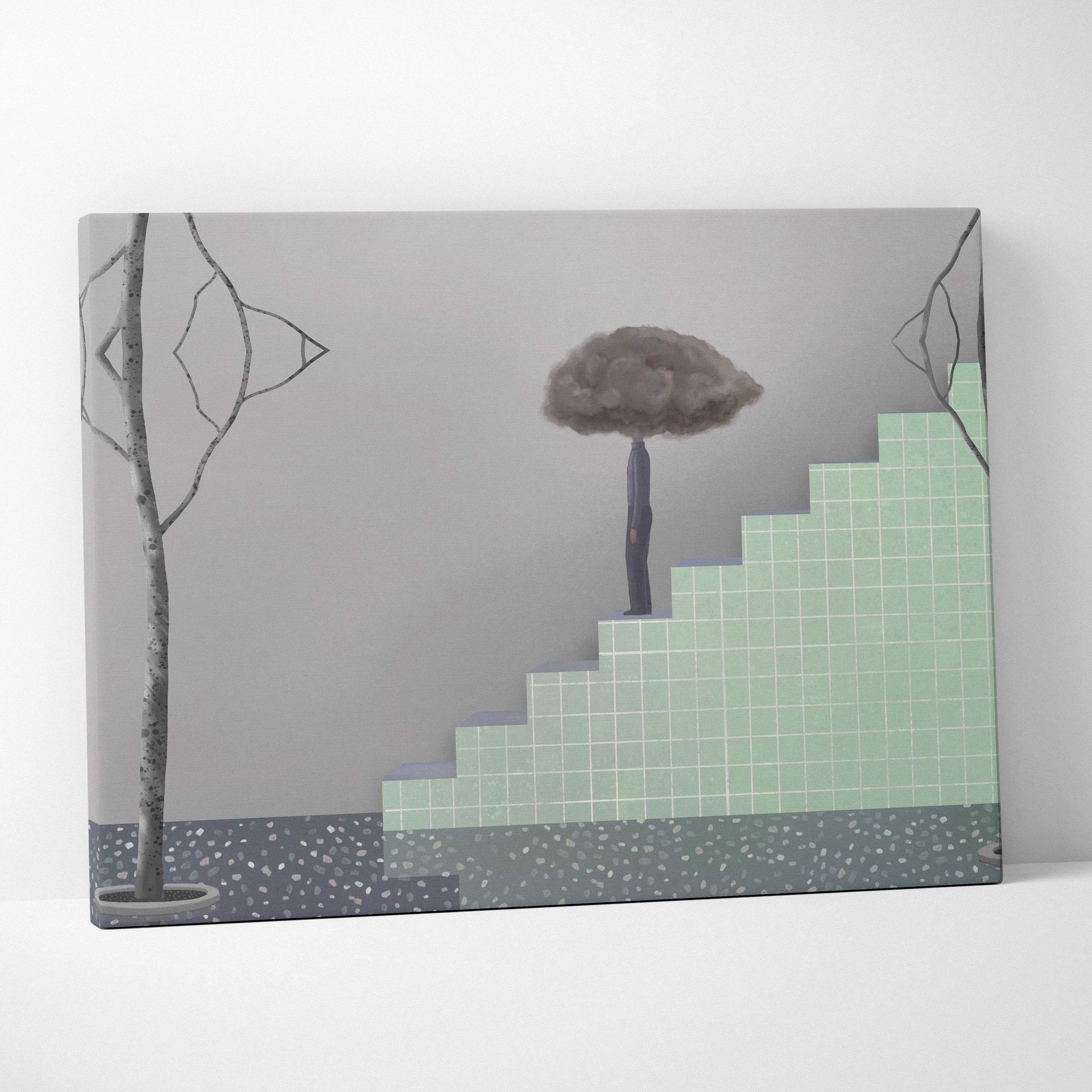 Minimalist canvas wall art with a dark brown cloud canopy tree over green tiled steps on gray background for modern decor