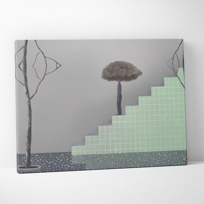 Minimalist canvas wall art with a dark brown cloud canopy tree over green tiled steps on gray background for modern decor