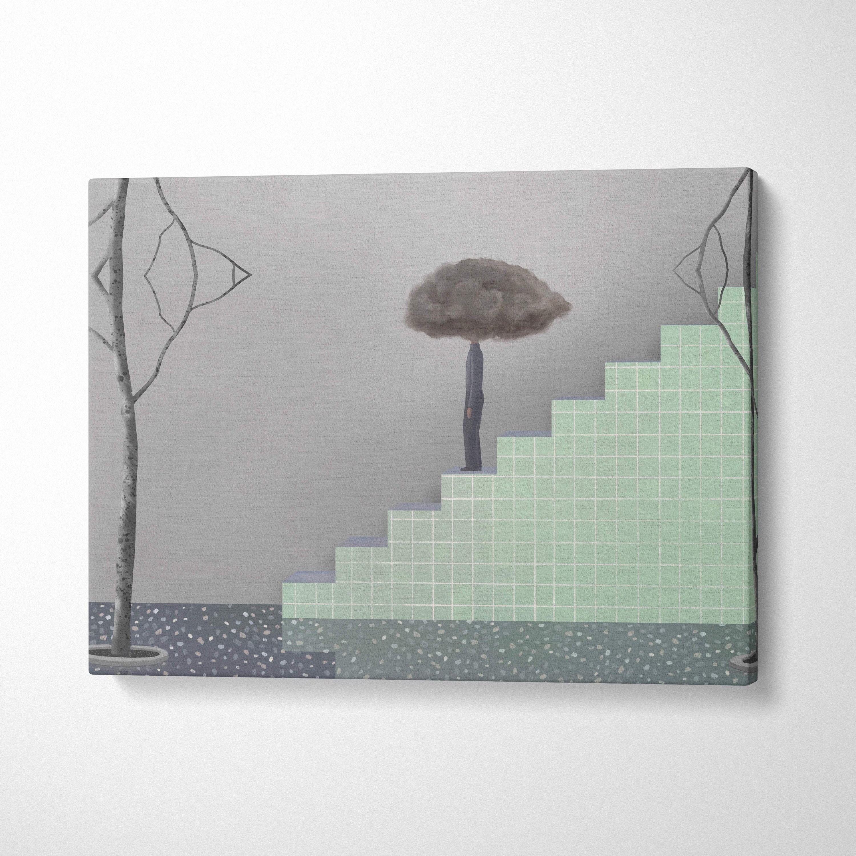 Contemporary cloud head canvas wall art with a gray tree canopy over green tiled stairs for modern office decor