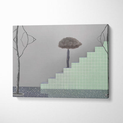 Contemporary cloud head canvas wall art with a gray tree canopy over green tiled stairs for modern office decor