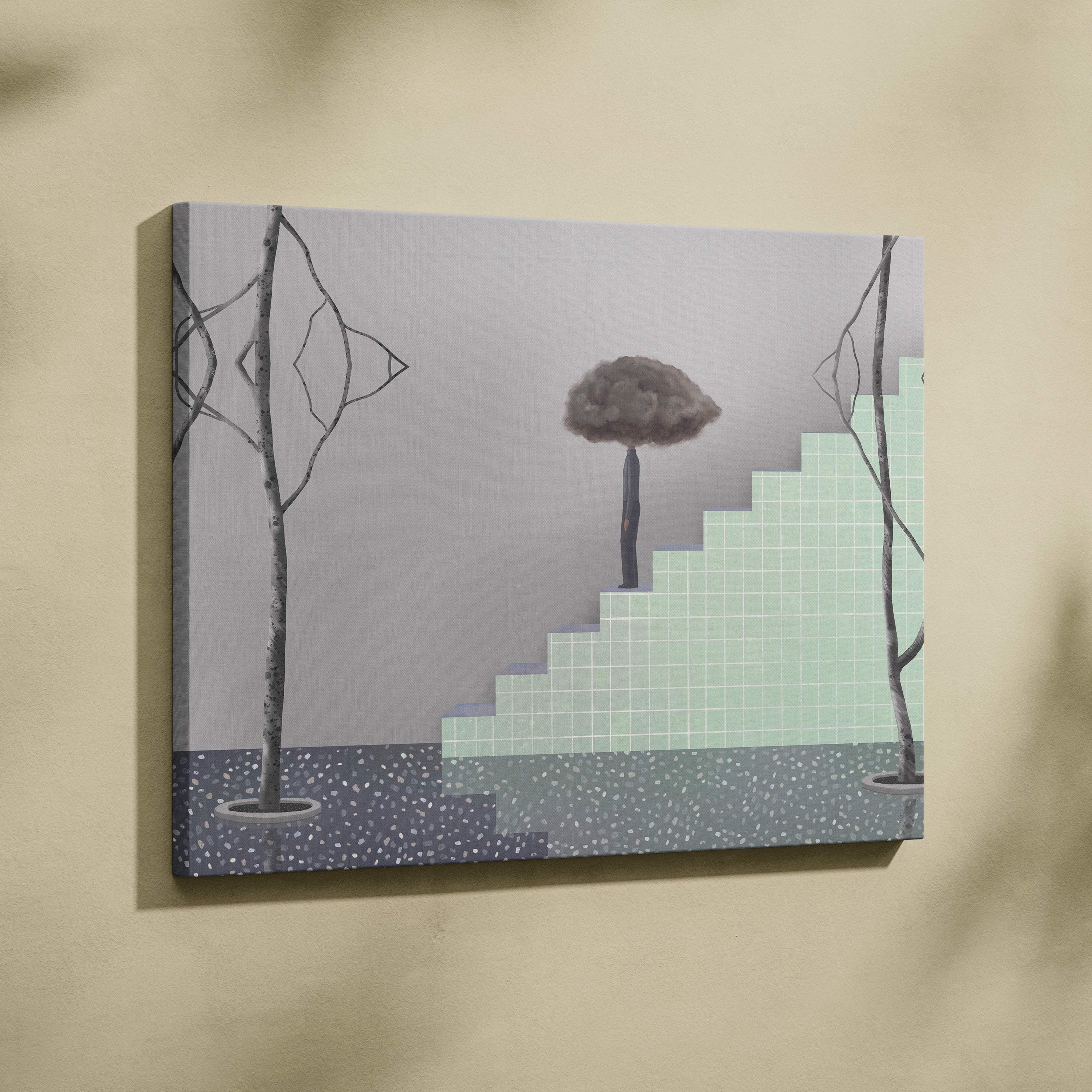 Contemporary cloud head canvas wall art with stylized trees and mint green geometric steps on muted gray background