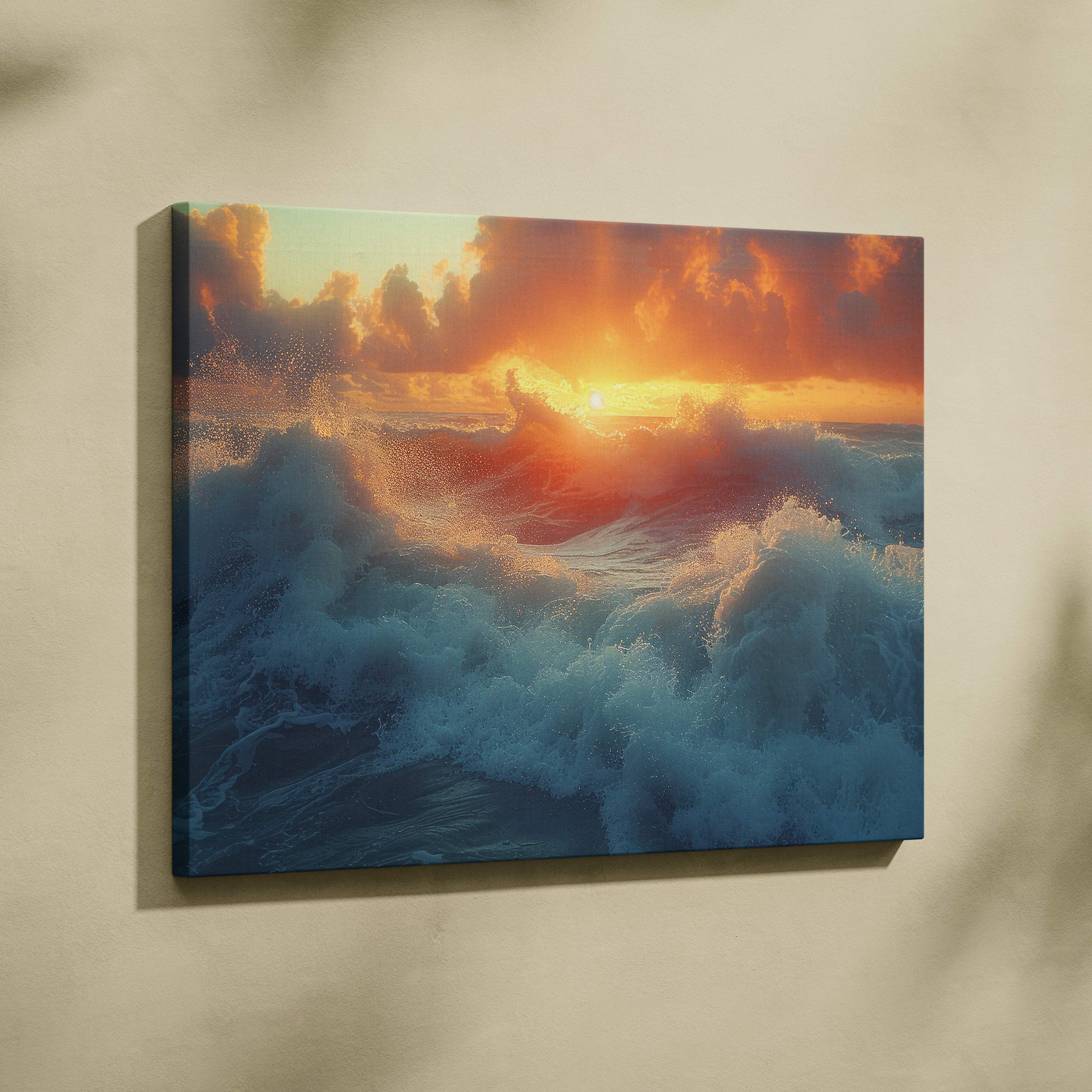 A vibrant ocean waves at sunset canvas wall art print with fiery orange clouds mounted on a light wall