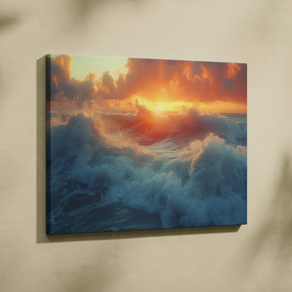 A vibrant ocean waves at sunset canvas wall art print with fiery orange clouds mounted on a light wall