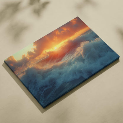 A rectangular canvas print of ocean waves at sunset with fiery orange and deep blue tones for coastal decor