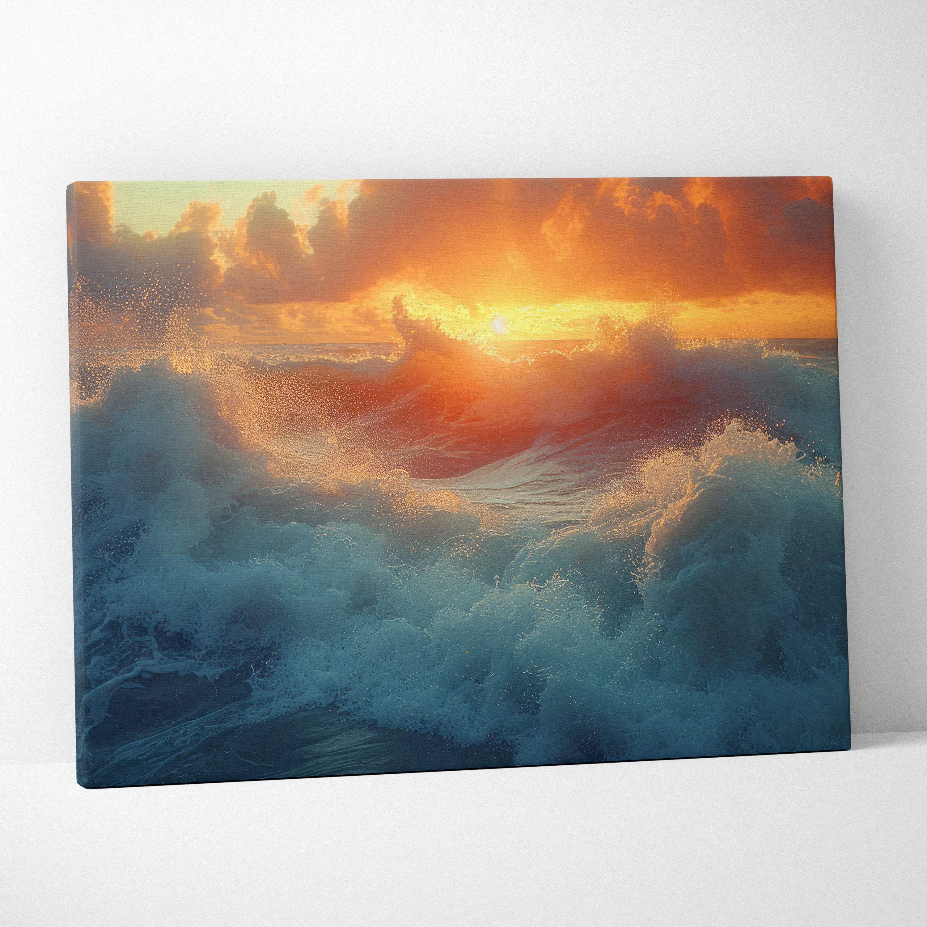 Ocean waves at sunset canvas wall art print showing crashing deep blue and white waves against a fiery orange sky