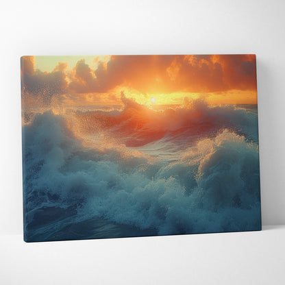 Ocean waves at sunset canvas wall art print showing crashing deep blue and white waves against a fiery orange sky