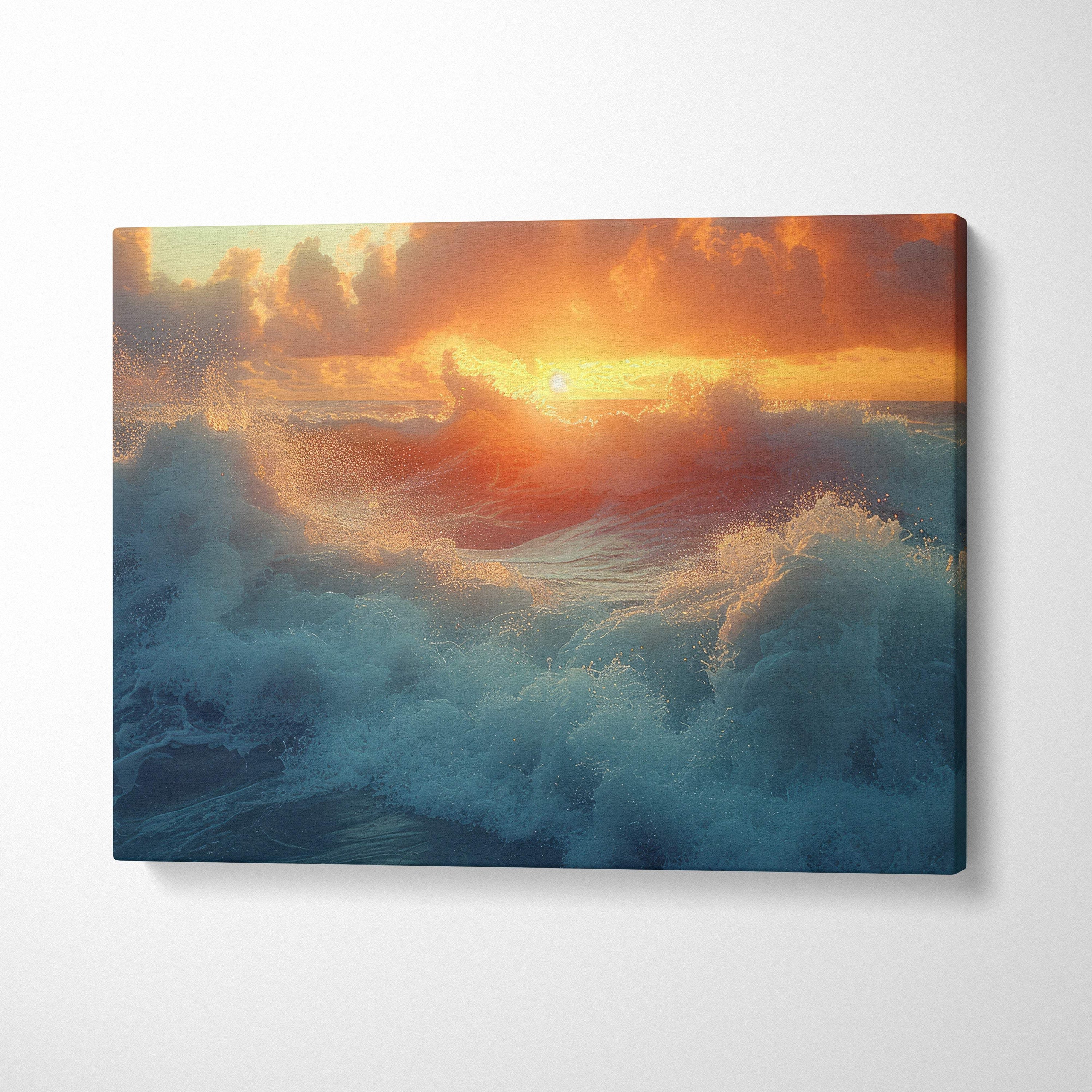 Ocean waves at sunset canvas print with vibrant blue and orange hues for coastal living room or beach house decor