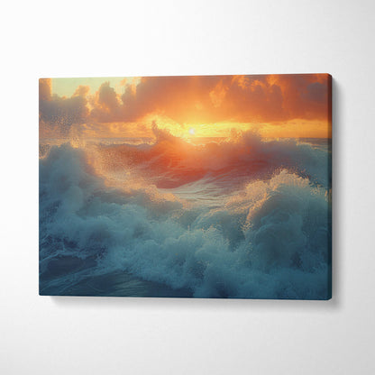 Ocean waves at sunset canvas print with vibrant blue and orange hues for coastal living room or beach house decor