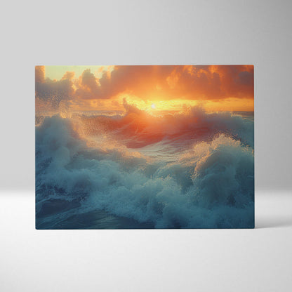 Ocean waves at sunset rectangular canvas print with dramatic blue waves and vibrant orange hues for coastal decor