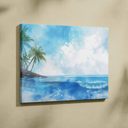 Watercolor tropical island canvas wall art with palm trees and ocean waves