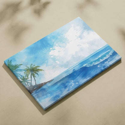Watercolor tropical island canvas wall art with palm trees and ocean waves