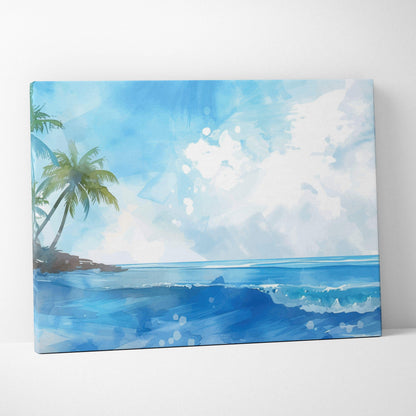 Watercolor tropical island canvas wall art with palm trees and ocean waves in calm sky blue turquoise seafoam