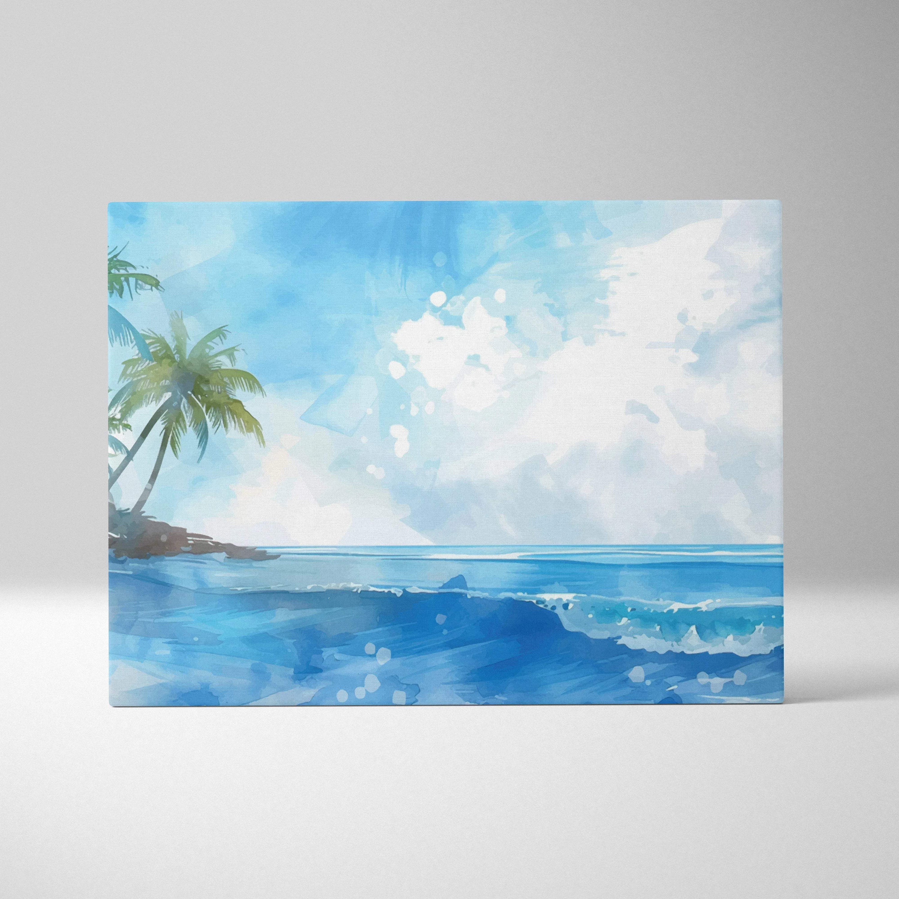 Watercolor tropical island canvas with palm trees, ocean waves, turquoise seafoam sky