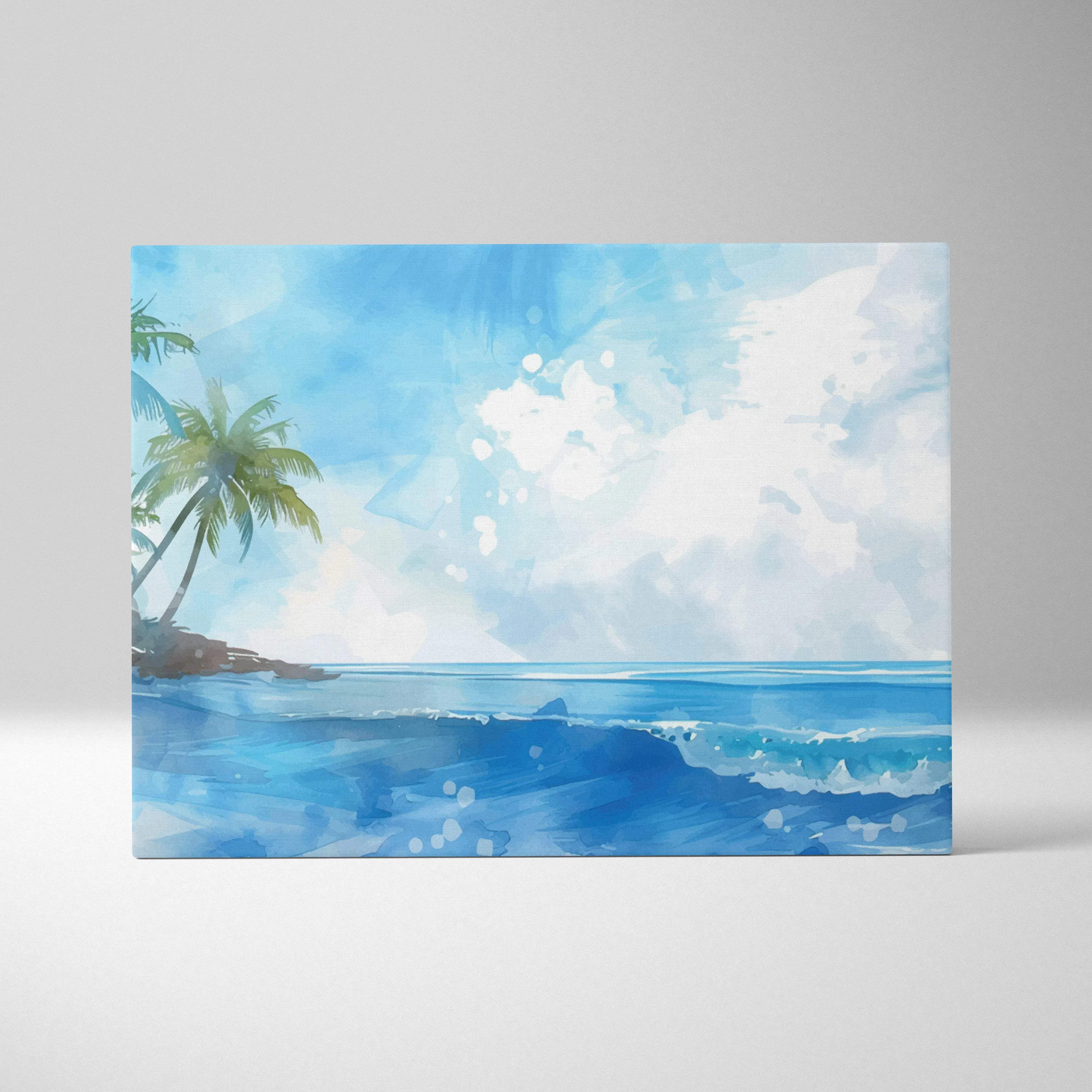 Watercolor tropical island canvas with palm trees, ocean waves, turquoise seafoam sky