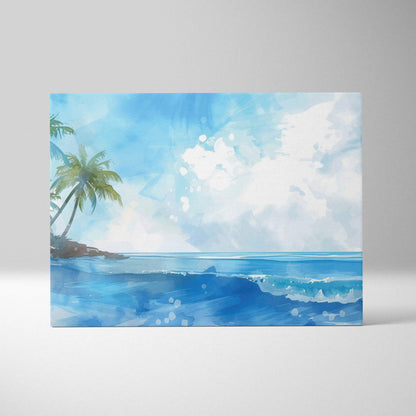 Watercolor tropical island canvas with palm trees, ocean waves, turquoise seafoam sky