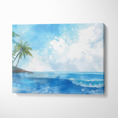 Watercolor tropical island canvas art with palm trees and turquoise ocean waves