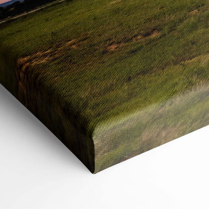Supercell storm cloud canvas art featuring a textured green field with earthy brown patches and brushstroke details