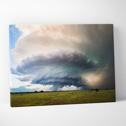 Rectangular canvas print of a dramatic multi toned supercell storm cloud over a green field for cinematic wall decor