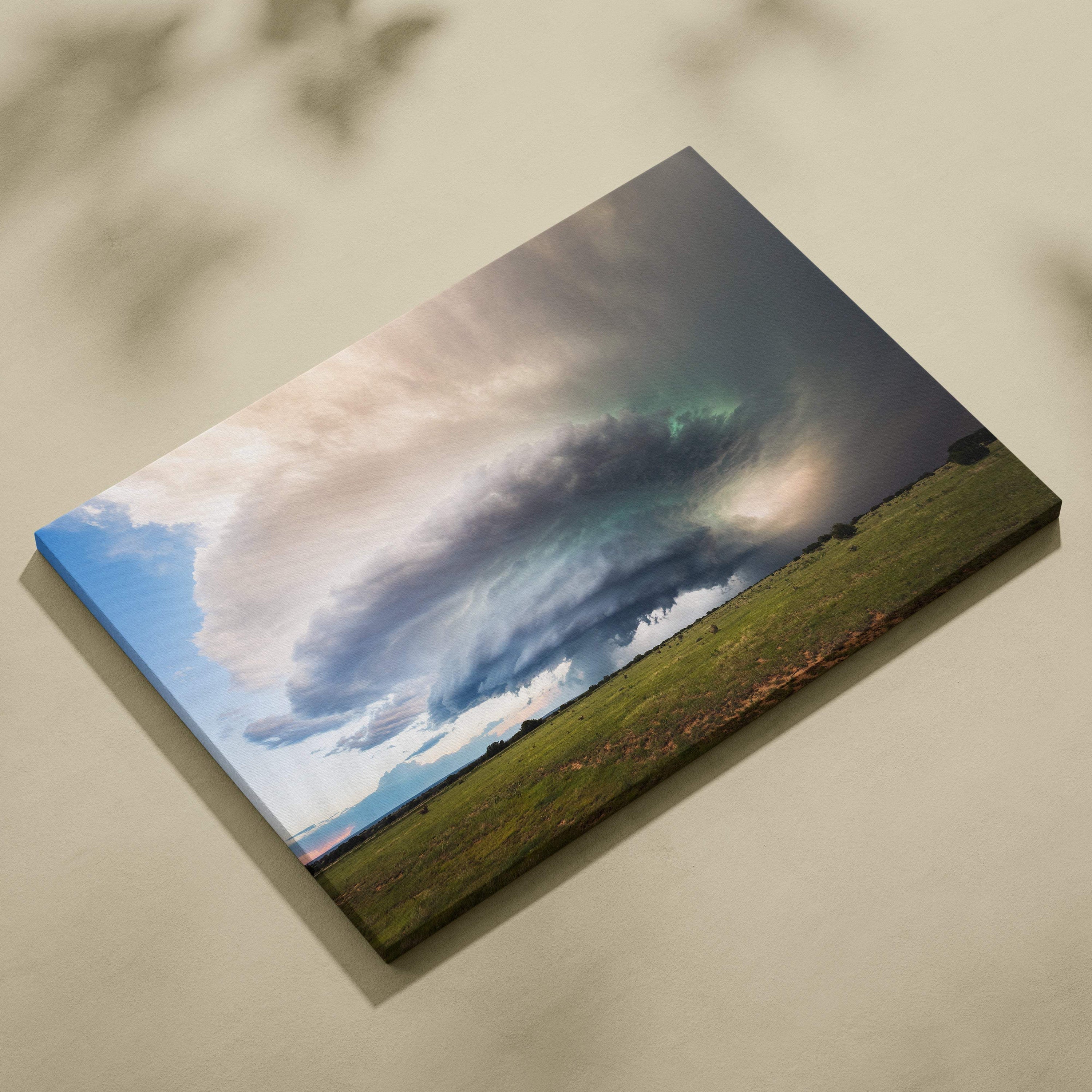 Supercell storm cloud canvas art with dramatic green sky printed on stretched fabric for cinematic wall decor