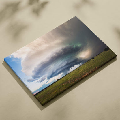 Supercell storm cloud canvas art with dramatic green sky printed on stretched fabric for cinematic wall decor