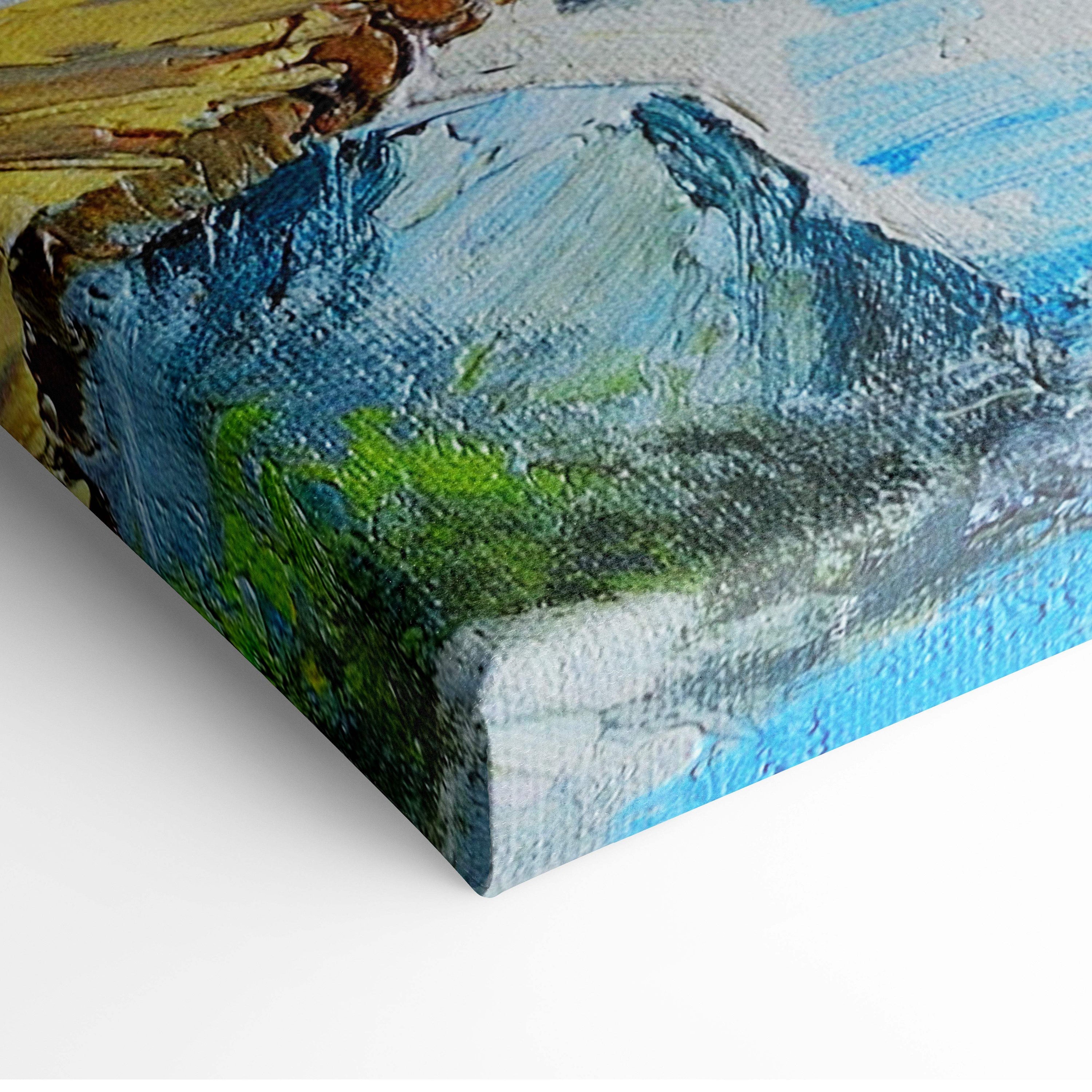 Textured oil painting on canvas featuring bold blue green and yellow brushstrokes in a misty mountain cottage landscape