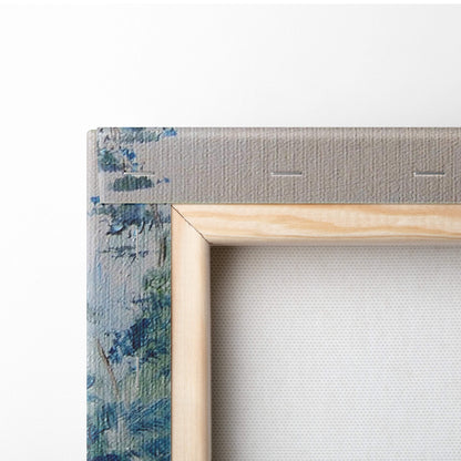 Light wood-framed canvas with textured gray border and blue-green abstract paint splatters for misty mountain cottage oil painting