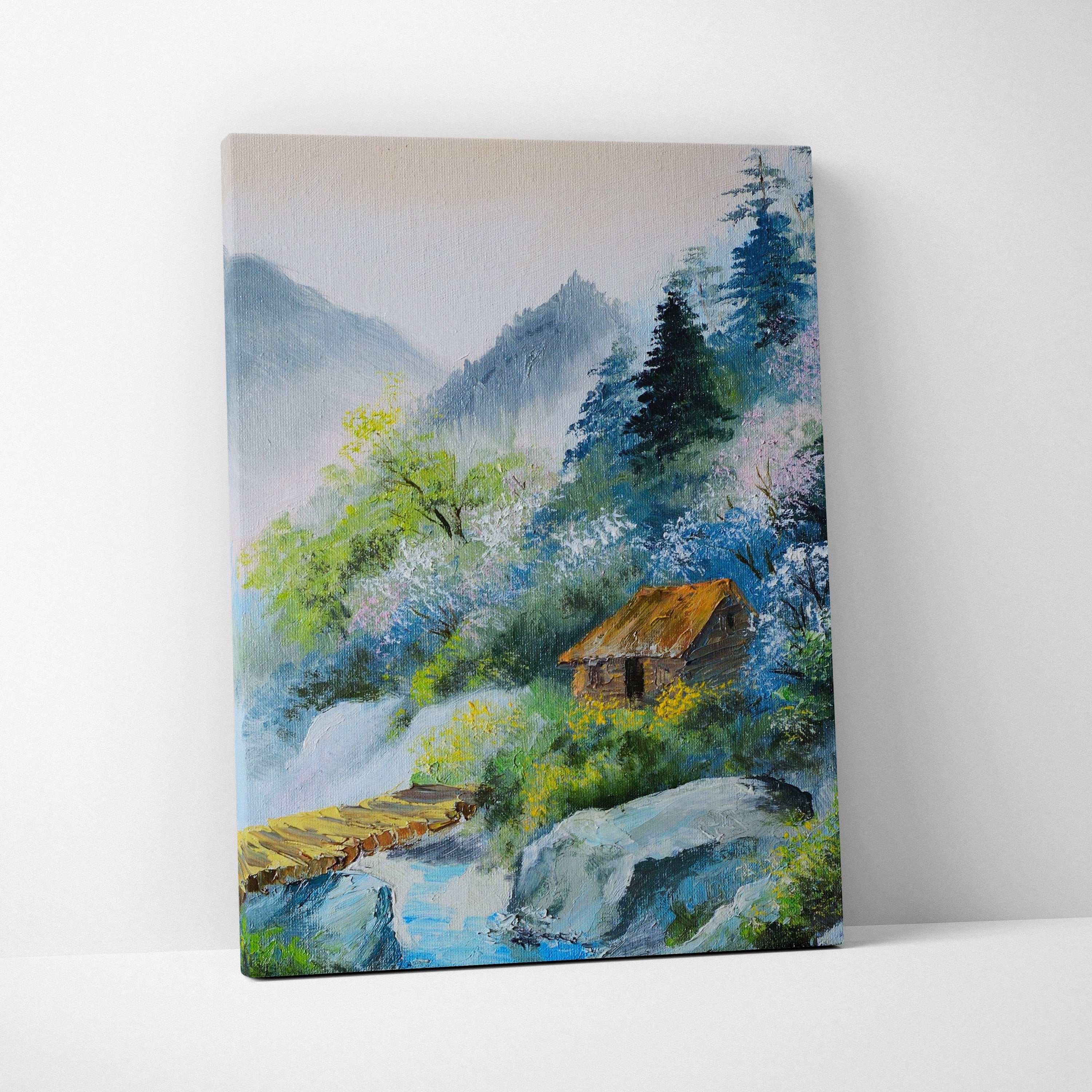 A rectangular oil painting on canvas depicting a misty mountain landscape with a rustic cabin and spring blossoms