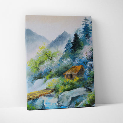 A rectangular oil painting on canvas depicting a misty mountain landscape with a rustic cabin and spring blossoms