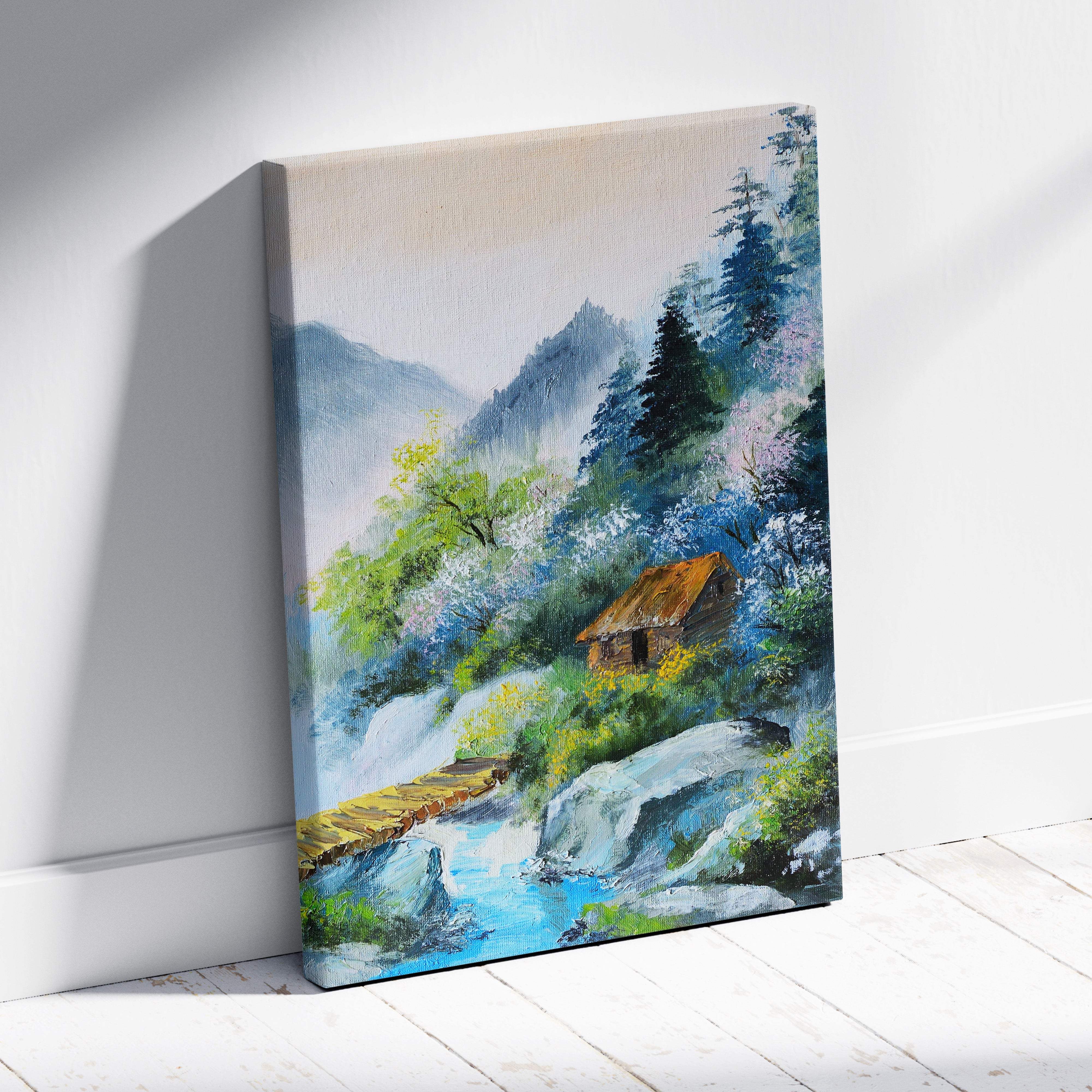 Rectangular oil painting on canvas of a serene mountain landscape with rustic cabin, evergreen trees, and blue stream