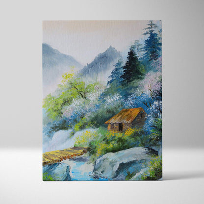 A rectangular oil painting on canvas of a rustic cabin with an orange roof among spring blossoms and misty mountains
