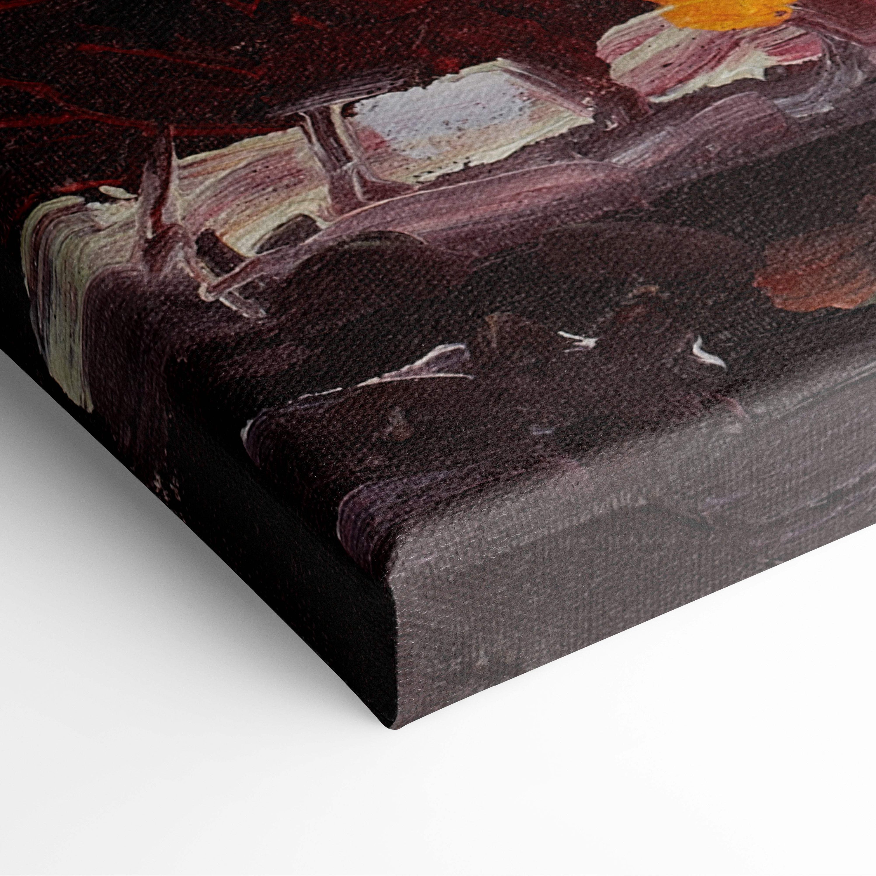 Dark canvas painting with textured brushstrokes in deep purples black white and orange for cozy rustic living room decor