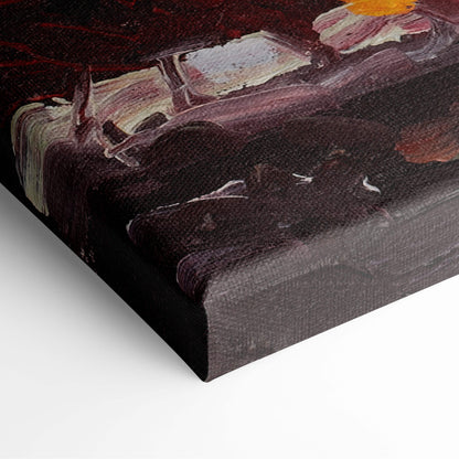 Dark canvas painting with textured brushstrokes in deep purples black white and orange for cozy rustic living room decor