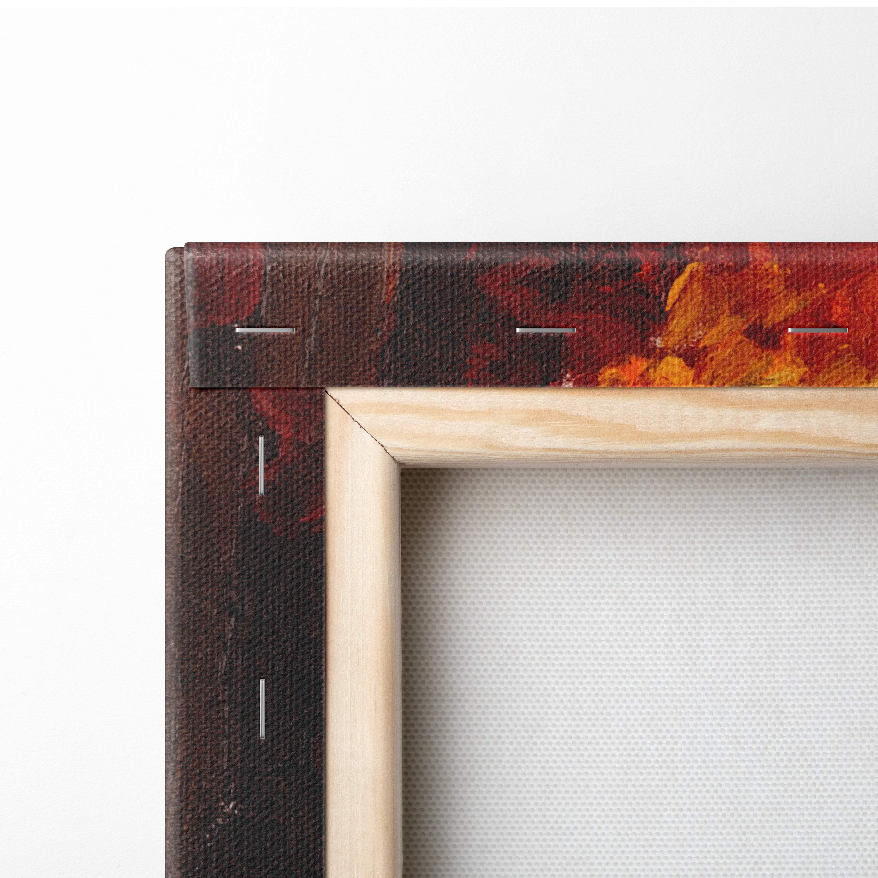 A rustic wooden frame canvas wall art print with dark brown textured border and vibrant orange red abstract strokes